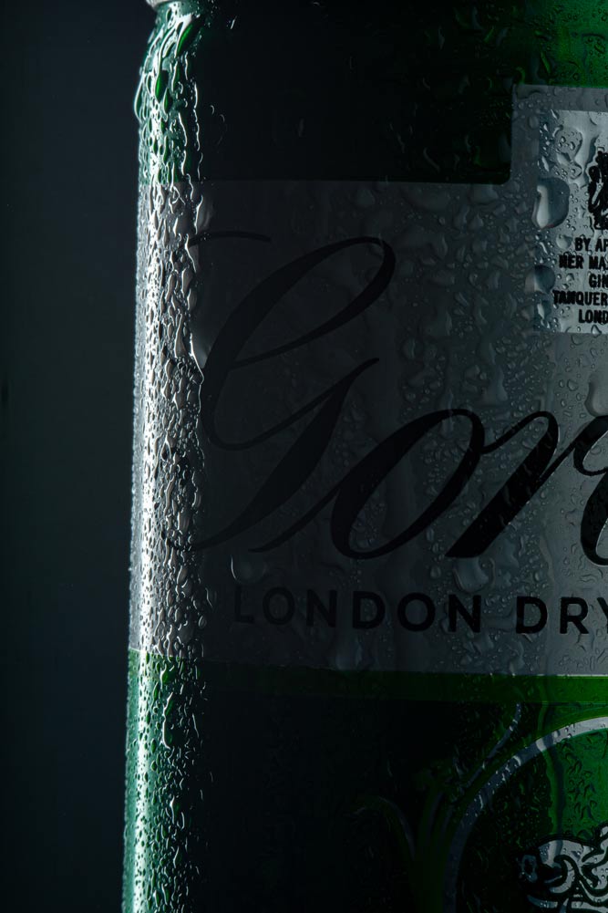 London Dry Gin beverage can photography with condensation on can